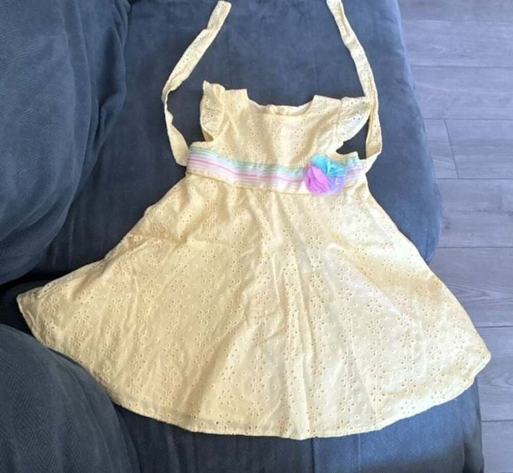 Goodlad Yellow Eyelet Halter Dress with Rainbow Stripe Sash and Flower Size 2T